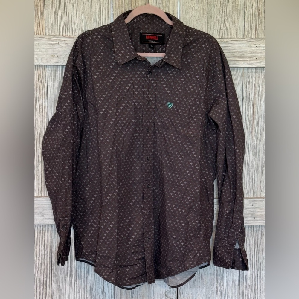 Rock & Roll Denim Classic Fit Men’s Button Down Shirt sz XL brown/teal pattern